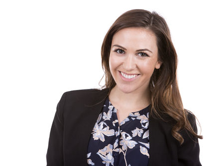 young caucasian woman wearing business attire on white backgroundの写真素材