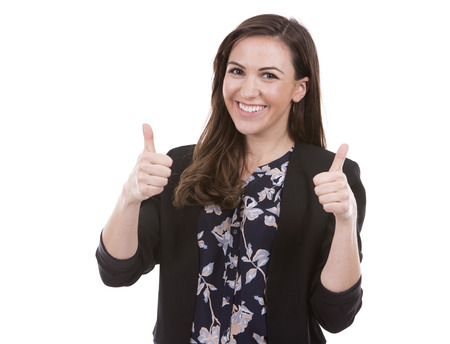 young caucasian woman wearing business attire on white backgroundの写真素材
