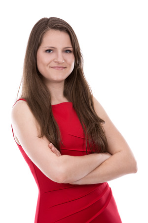 young caucasian woman wearing business attire on white backgroundの写真素材