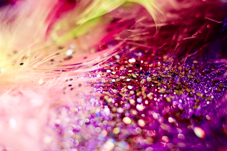 Soft feather with sparkles with artistic bright light and shadows. Soft blurred background of artistic close-up glitter macro image.の写真素材