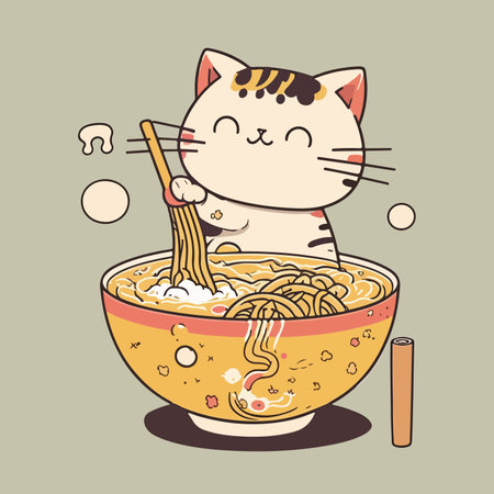Illustration of a cat eating noodles with chopsticks in a bowlのイラスト素材