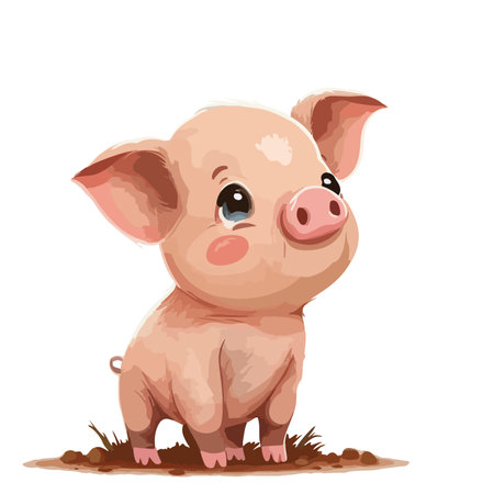 Cute cartoon pig standing on the ground. Vector illustration isolated on white background.のイラスト素材