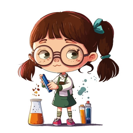 Cute little girl in glasses with test tubes and science experiments illustrationのイラスト素材