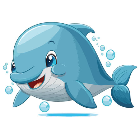 Cute cartoon blue whale swimming in the sea. Vector illustration.のイラスト素材