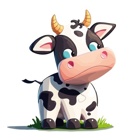 Cute cartoon cow sitting on grass. Vector illustration isolated on white background.のイラスト素材