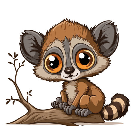 Cute lemur sitting on tree branch illustration vector isolated on white backgroundのイラスト素材
