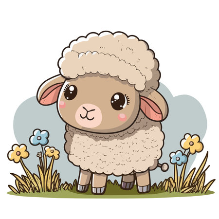 Cute sheep in the meadow with flowers. Vector illustration.のイラスト素材