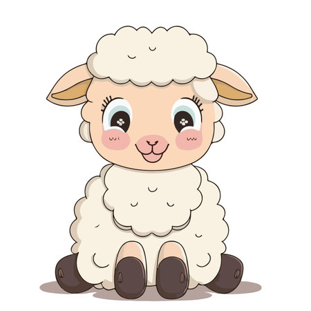 Cute cartoon sheep sitting. Vector illustration isolated on white background.のイラスト素材