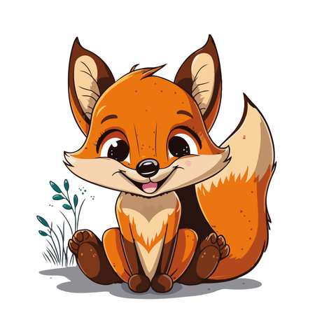 Cute cartoon little fox sitting on the ground. Vector illustration.のイラスト素材