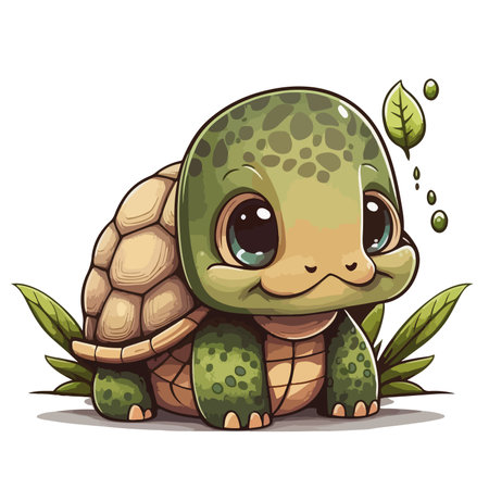 Cute cartoon turtle with leaves on white background. Vector illustration.のイラスト素材