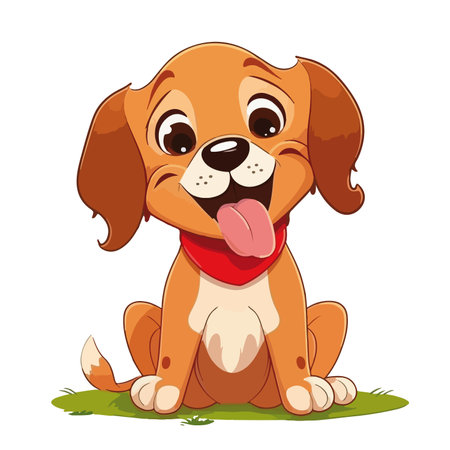 Cute cartoon dog sitting on grass isolated on white background. Vector illustration.のイラスト素材