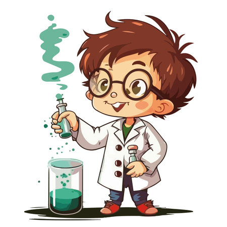 Scientist boy cartoon character with test tube and green liquid illustration.のイラスト素材