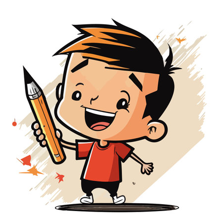 Cartoon boy holding a pencil. Vector illustration of a boy with a pencil.のイラスト素材