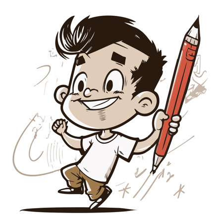 Vector illustration of a cartoon boy holding a pencil and eraser.のイラスト素材