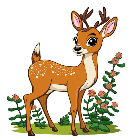 Cute deer cartoon on a background of plants. Vector illustration.のイラスト素材