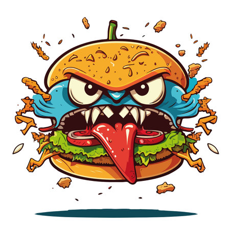 Angry cartoon burger. Vector illustration isolated on a white background.のイラスト素材