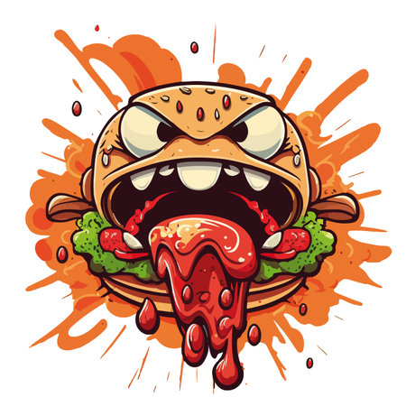 Illustration of a monster eating a hamburger. Vector illustration.のイラスト素材