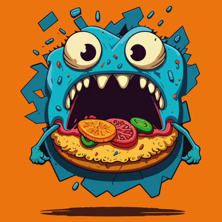 Funny monster with pizza. Vector illustration of a monster with pizza.のイラスト素材