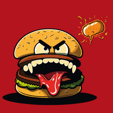 Hamburger with an angry face. Vector cartoon illustration. Isolated on red background.のイラスト素材