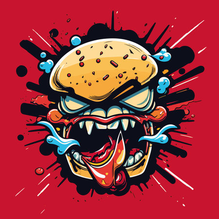 Vector illustration of Burger with mouth and teeth on red background with splashes.のイラスト素材