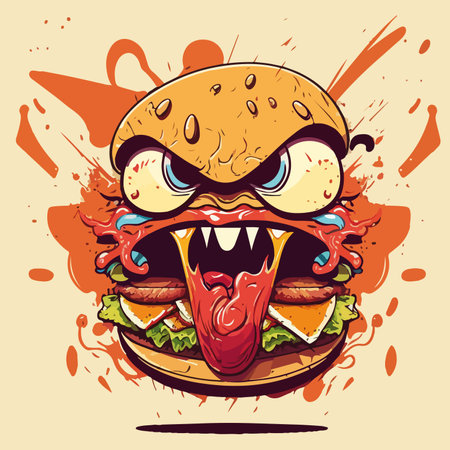 Vector illustration of a cartoon hamburger with angry face and tongue.のイラスト素材