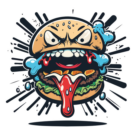 Vector illustration of a funny cartoon hamburger with ketchup on white background.のイラスト素材