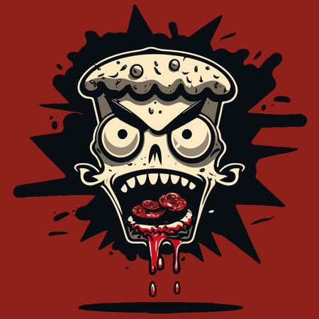 Vector illustration of a pizza zombie head with ketchup on a red background.のイラスト素材