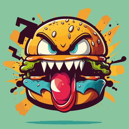 Funny cartoon hamburger with teeth and tongue. Vector illustration.のイラスト素材