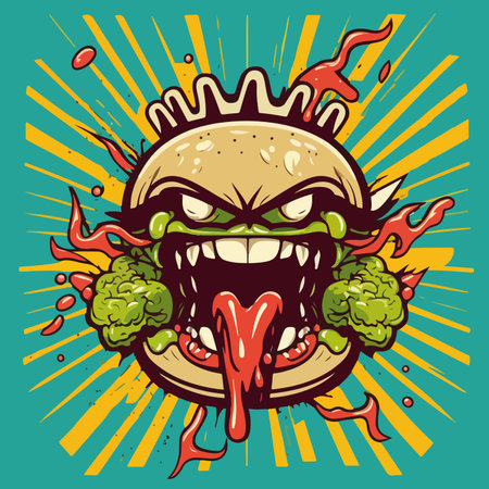 Vector illustration of a monster chamburger with ketchup and vegetables on a green background.のイラスト素材