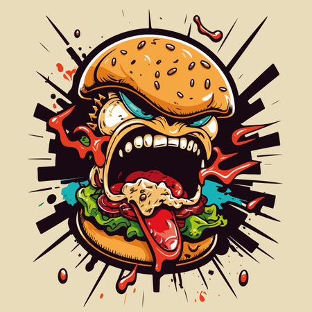 Vector illustration of angry hamburger with ketchup on beige background.のイラスト素材