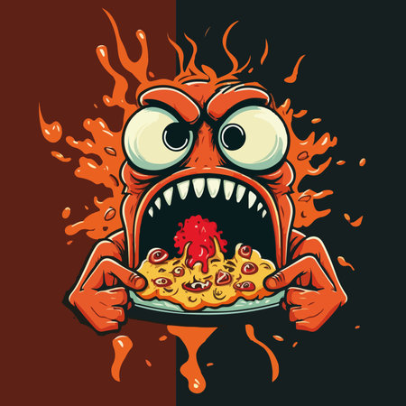 Vector illustration of monster with pizza in hands, isolated on black background.のイラスト素材