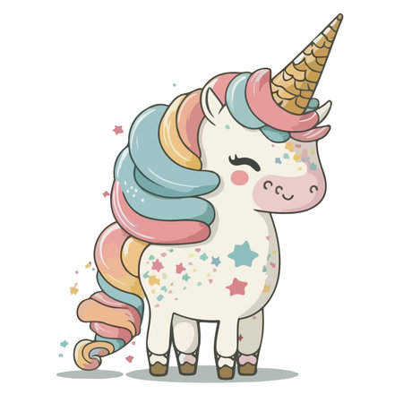 Cute cartoon unicorn with rainbow horn. Vector illustration isolated on white background.のイラスト素材