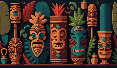 Totem. Mayan patterns. Mexican Mesoamerican culture. Background of the ancient Mayan civilization. Aztec sunstone, totem. Colorful background.のイラスト素材