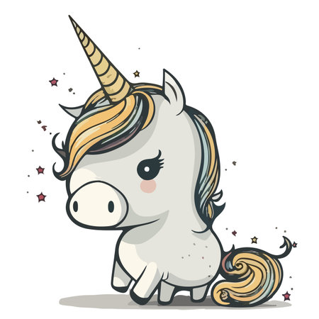 Cute cartoon unicorn with horn. Vector illustration isolated on white background.のイラスト素材