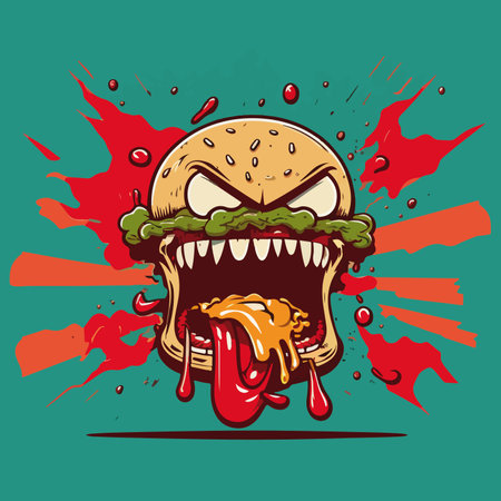 Hamburger with open mouth and dripping ketchup. Vector illustration.のイラスト素材