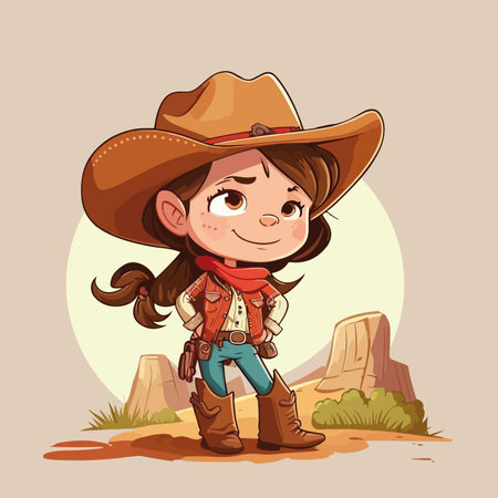 Cute little girl in cowboy hat and scarf. Vector illustration.のイラスト素材