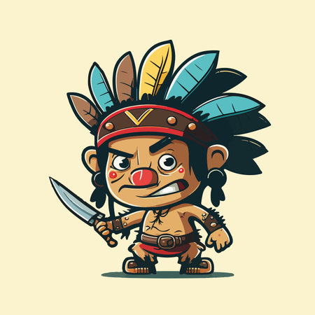 Cartoon indian warrior with a spear and mask. Vector illustrationのイラスト素材