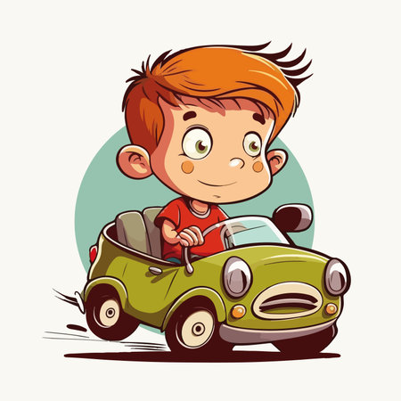 Cute little boy driving a car. Vector illustration in cartoon style.のイラスト素材