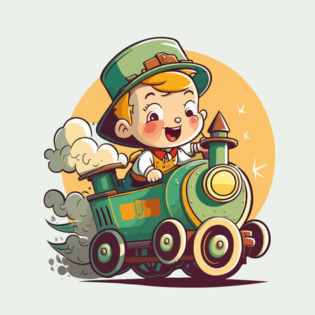 Leprechaun riding a steam train. Vector illustration.のイラスト素材