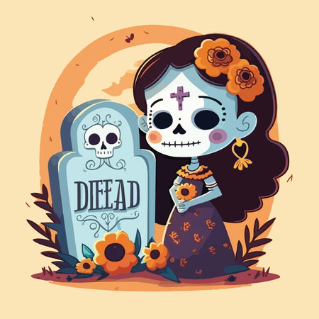 Young girl celebrates the Mexican celebration of Dia de los Muertos. Vector graphics. Illustration for a child. Smiling cheerful young girl.のイラスト素材