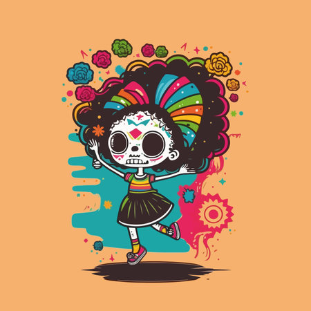 Young girl celebrates the Mexican celebration of Dia de los Muertos. Vector graphics. Illustration for a child. Smiling cheerful young girl.のイラスト素材