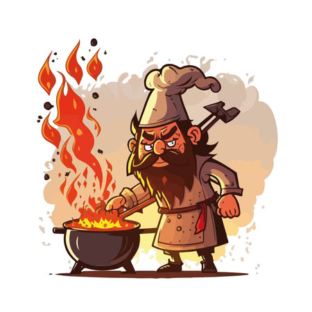 Funny cartoon chef with a pot of fire. Vector illustration.のイラスト素材