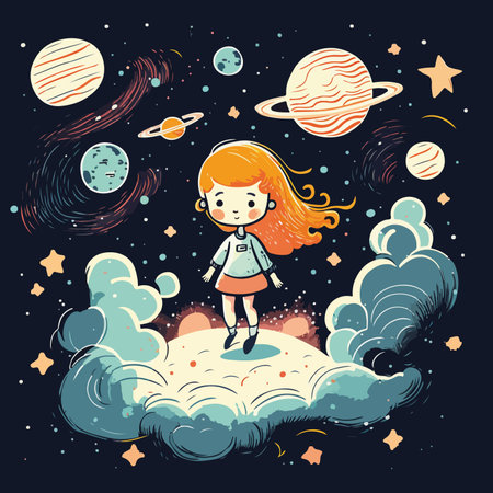 Cute little girl on the background of the outer space. Vector illustration.のイラスト素材