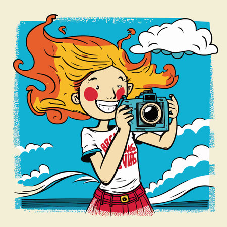 Girl with a camera. Vector illustration in vintage pop art style.のイラスト素材
