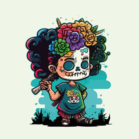 Young girl celebrates the Mexican celebration of Dia de los Muertos. Vector graphics. Illustration for a child. Smiling cheerful young girl.のイラスト素材