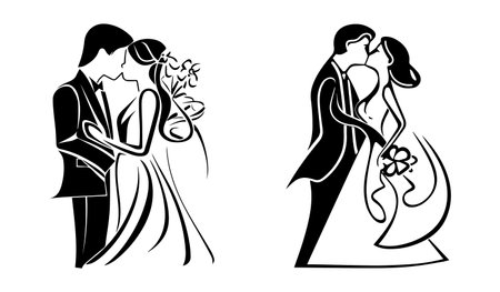 Wedding, young couple of lovers, just married black vector stencil template for laser cnc cutting.のイラスト素材