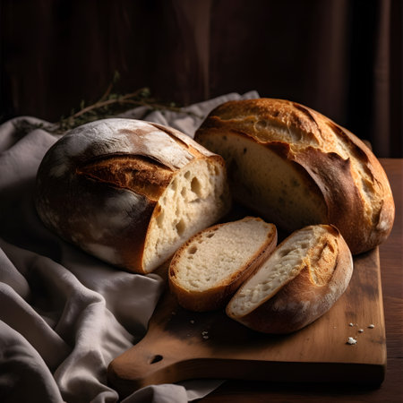 Freshly baked bread on a wooden board. Generative AI.の素材