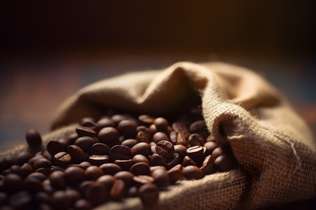 Coffee beans in a burlap bag on a dark wooden background. Generative AI.の素材