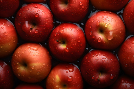 Fresh red apples with water drops in water, top view. Space for text. Generative AI.の素材