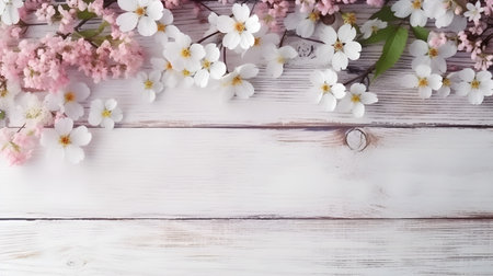 Cherry blossoms on white wooden background with copy space. top view. Generative AI.の素材